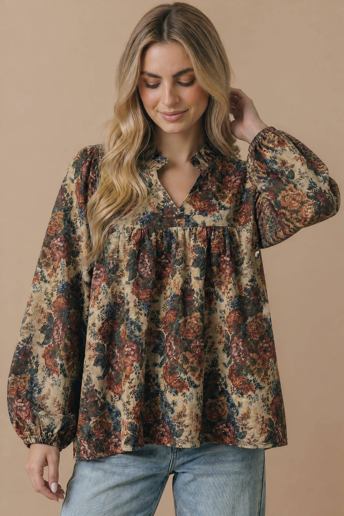 Plus Vintage Floral Bubble Sleeve Woven Blouse