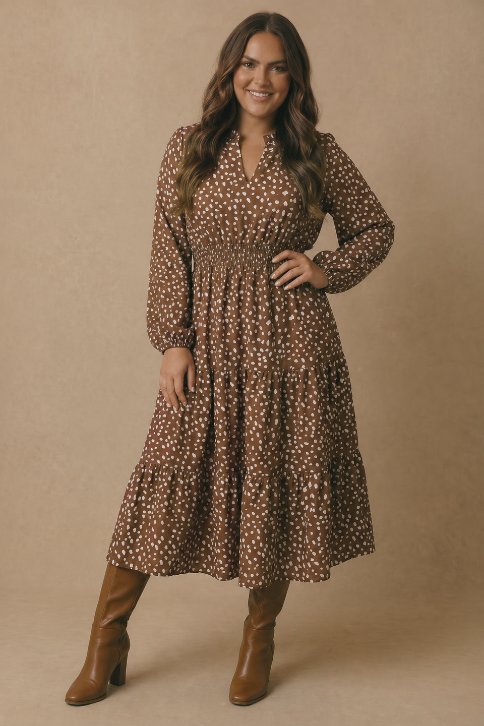 Plus Bambi Print Smocked Waist Tiered Woven Dress