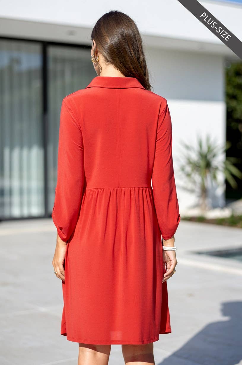 PLUS SIZE Collared Shirt Dress w/ Pockets