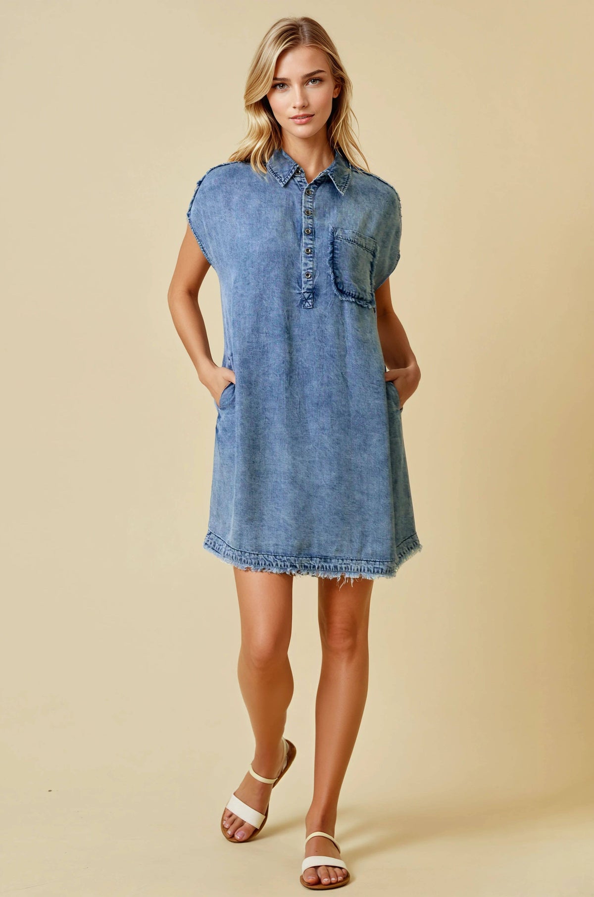 TENCEL DENIM SHORT SLEEVE SHIRT MINI DRESS - 28294D