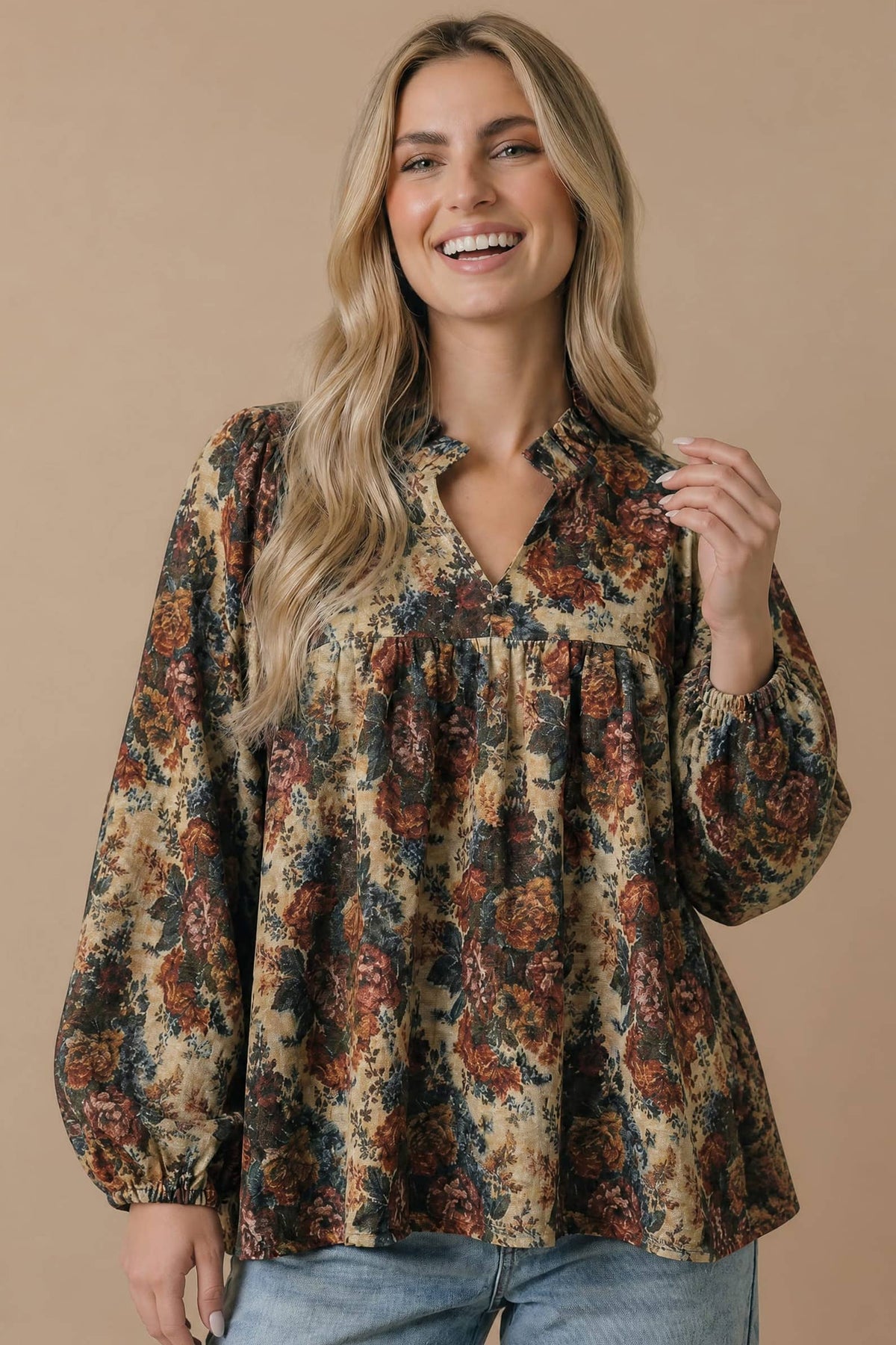Plus Vintage Floral Bubble Sleeve Woven Blouse