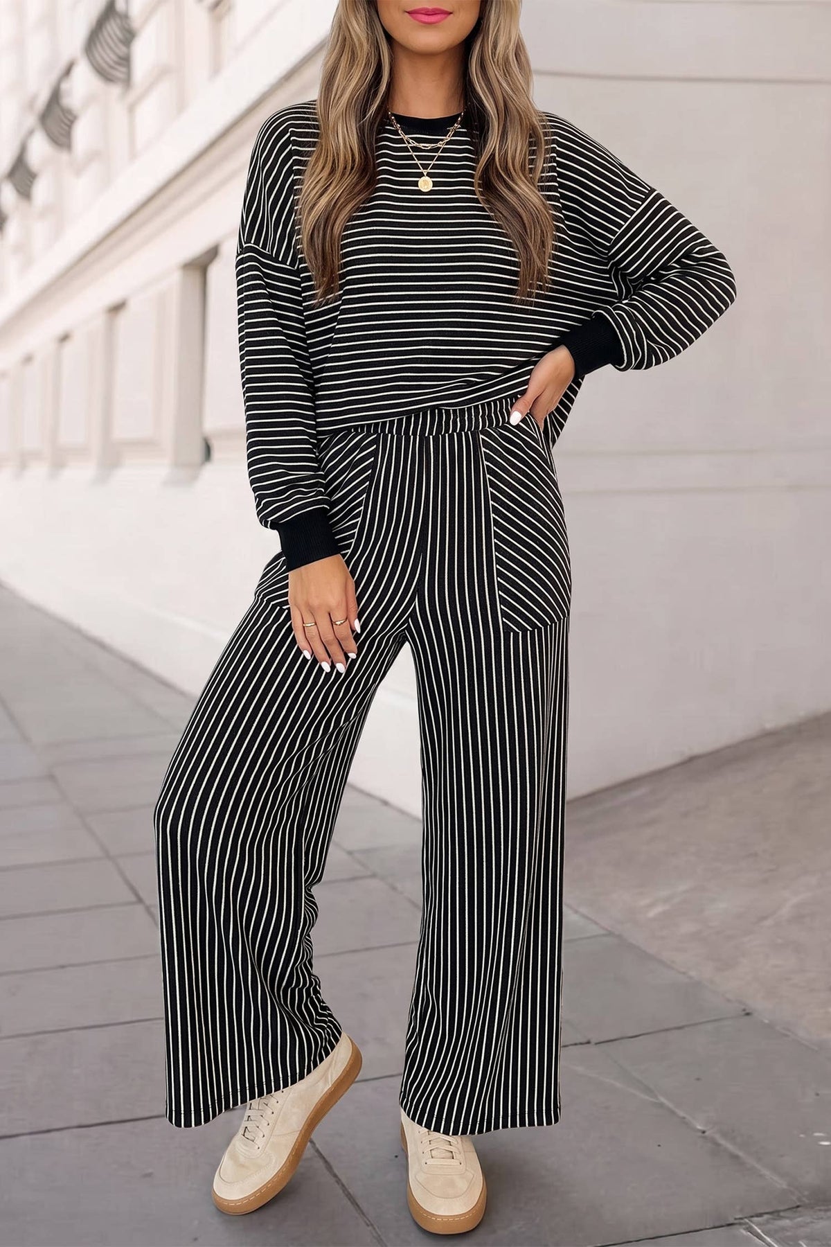 Cozy Striped Print Crewneck 2pcs Pants Set | S-XL