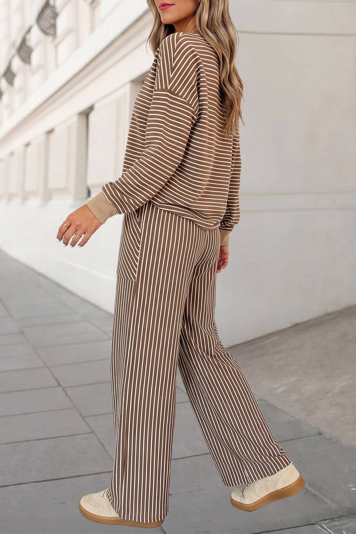 Cozy Striped Print Crewneck 2pcs Pants Set | S-XL