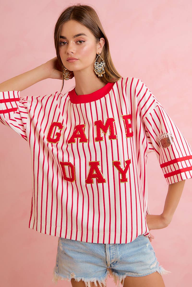 GAMEDAY THEME STRIPE KNIT TOP WITH SLEEVE PATCHED