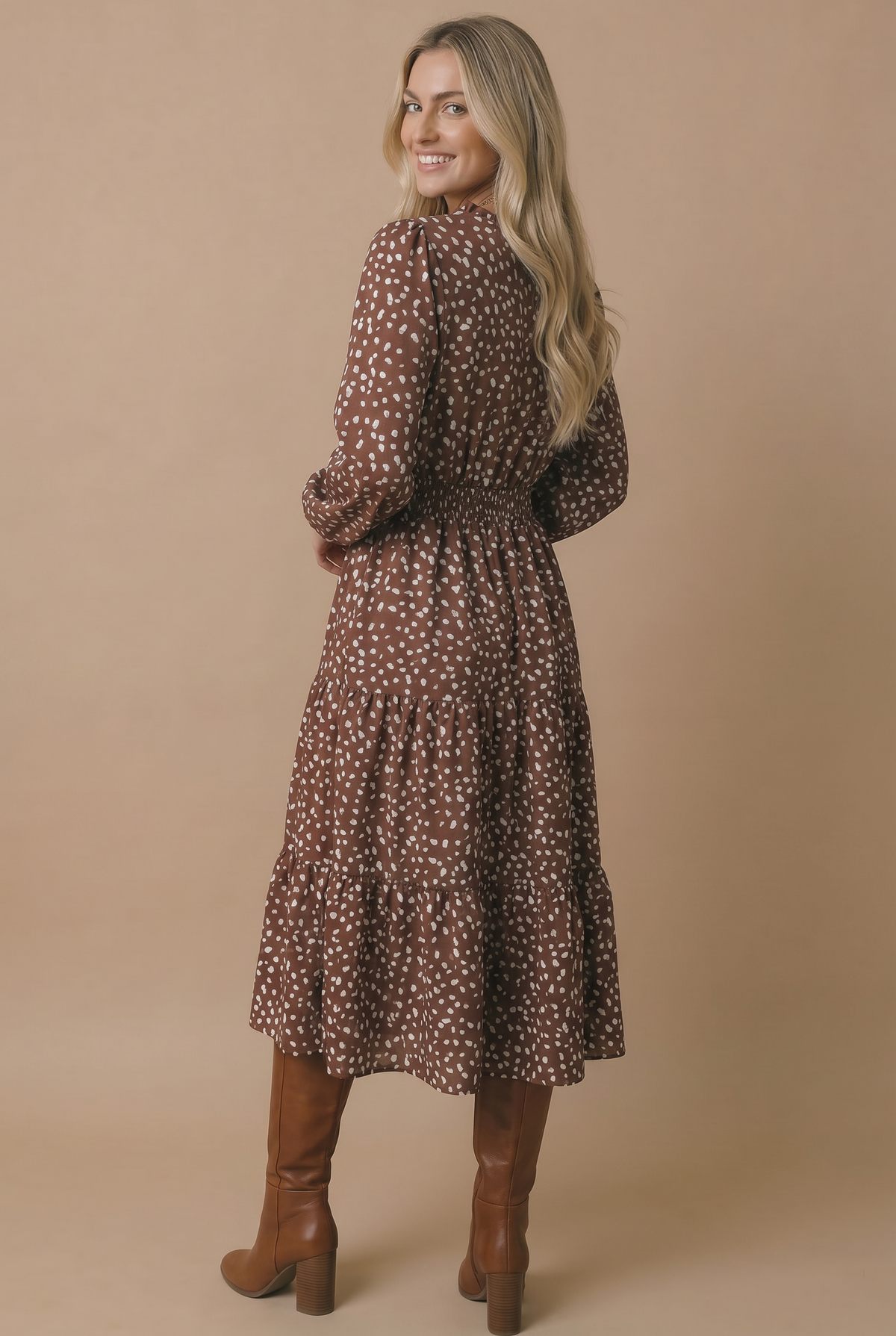 Bambi Print Smocked Waist Tiered Woven Dress