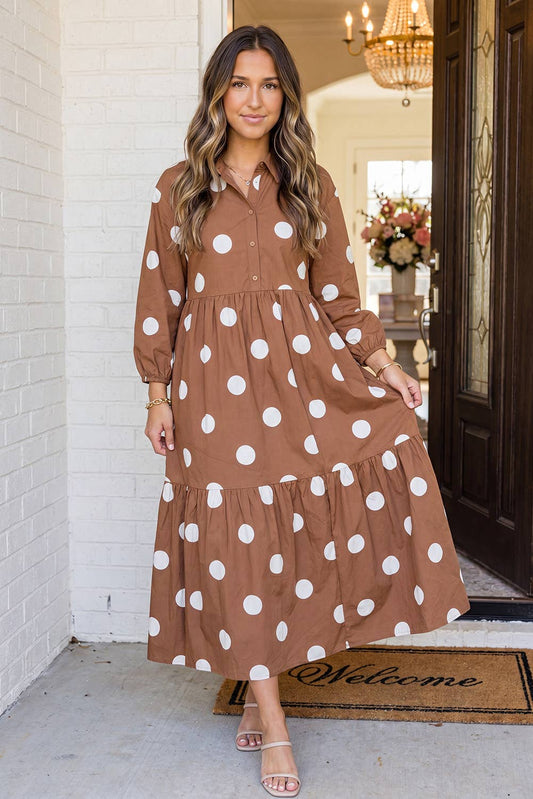 LAS Polka Dot Button Front Casual Shift Midi Dress (S-XL)