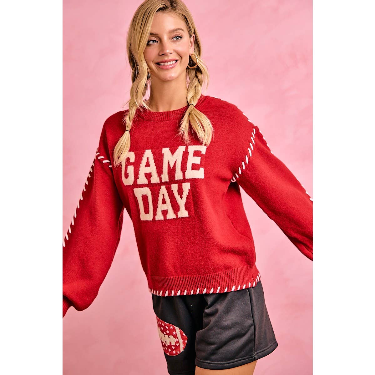 GAMEDAY THEME CONTRAST STITCH LONG SLEEVES KNIT TOP