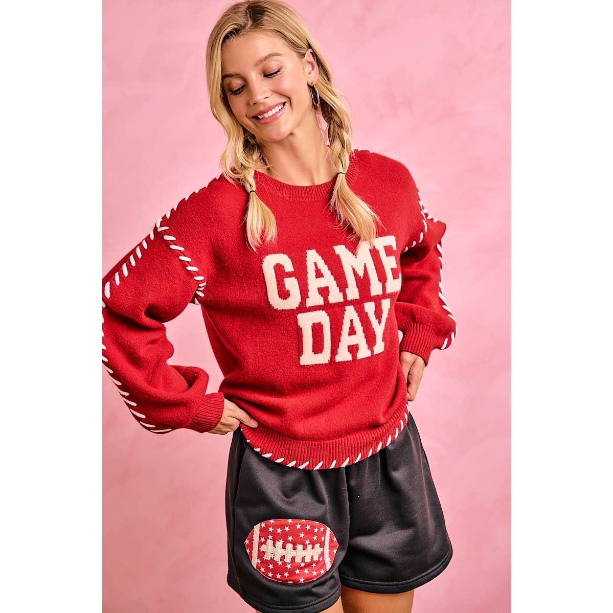 GAMEDAY THEME CONTRAST STITCH LONG SLEEVES KNIT TOP