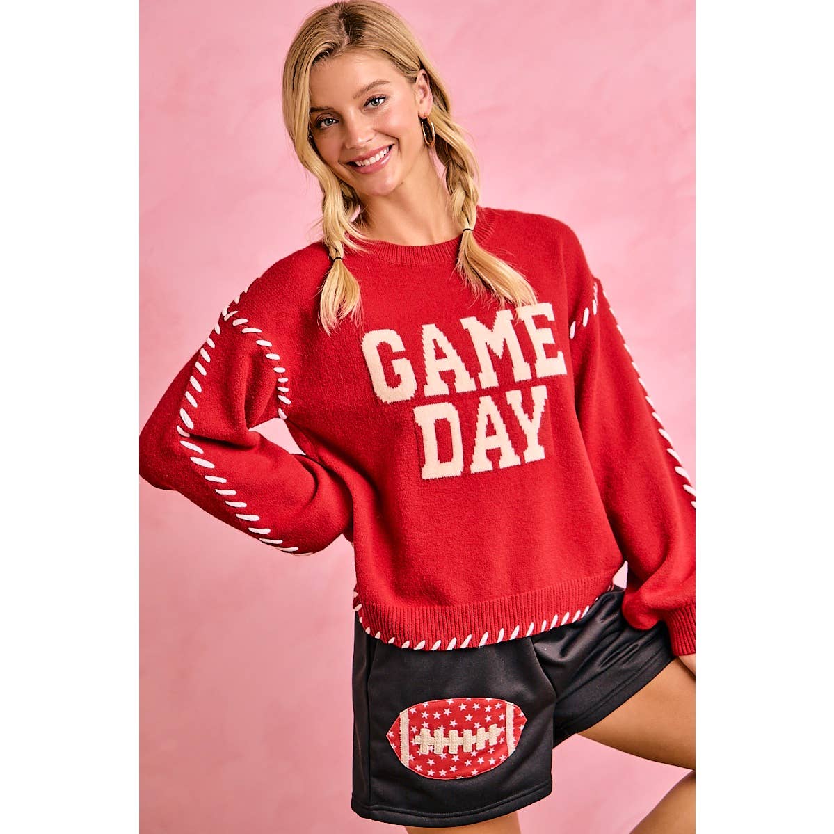 GAMEDAY THEME CONTRAST STITCH LONG SLEEVES KNIT TOP