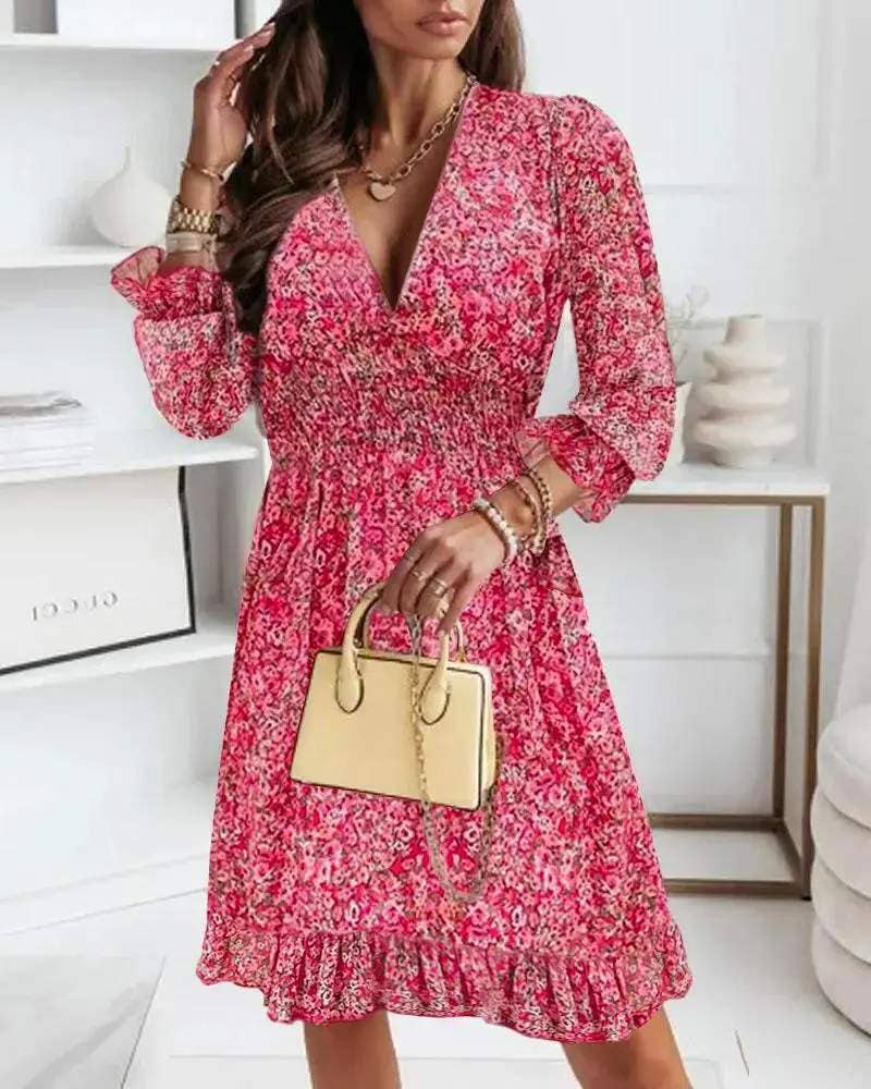 Sleeve ruffle hem shirred ditsy floral print dress