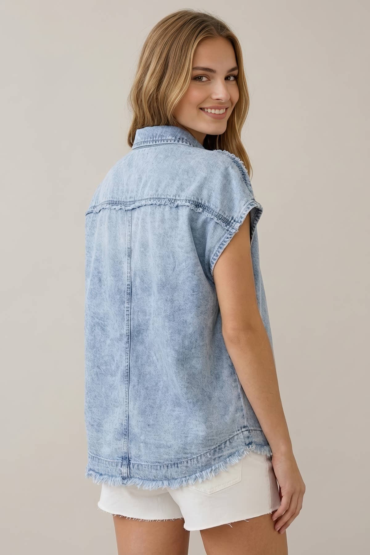 TENCEL DENIM FRAY DETAILED DOLMAN SHORT SLEEVE TOP - 44204T