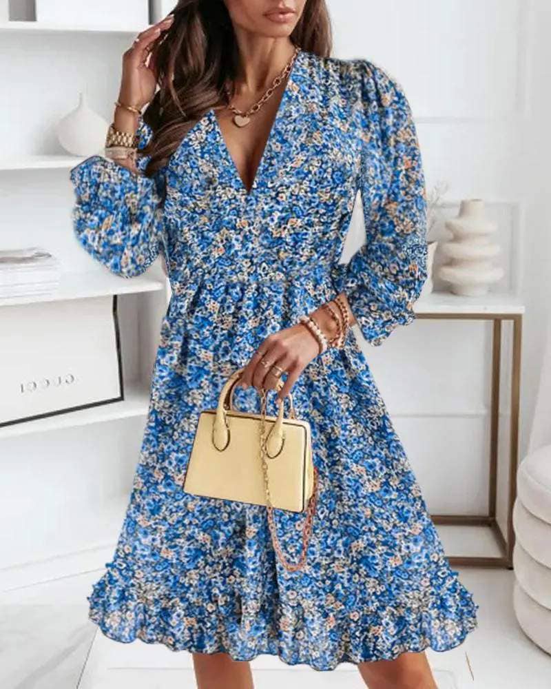Sleeve ruffle hem shirred ditsy floral print dress