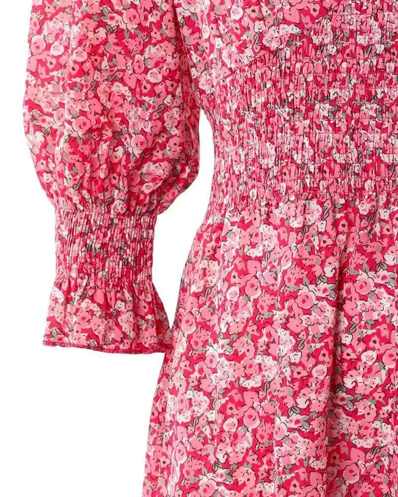 Sleeve ruffle hem shirred ditsy floral print dress