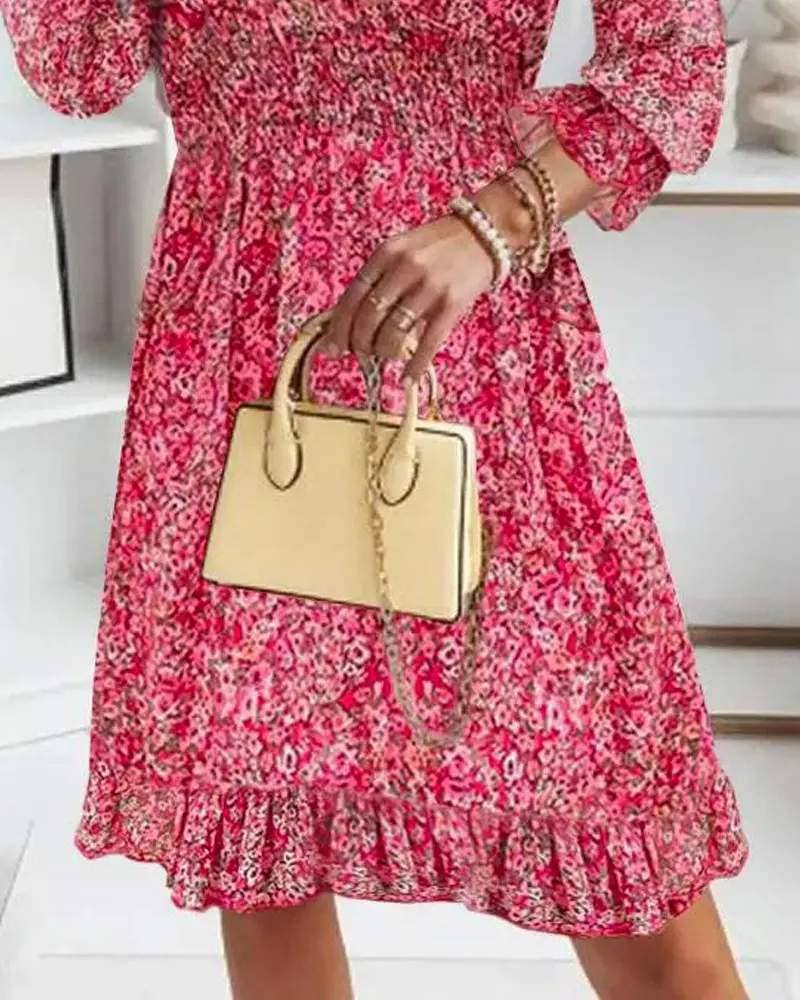 Sleeve ruffle hem shirred ditsy floral print dress
