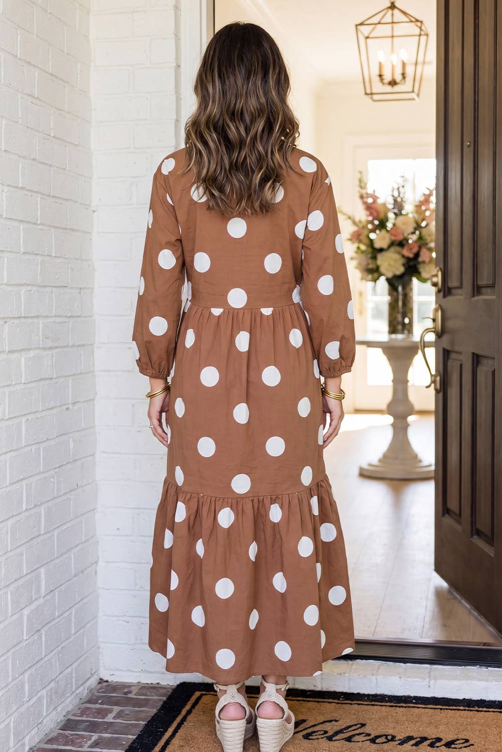 LAS Polka Dot Button Front Casual Shift Midi Dress (S-XL)