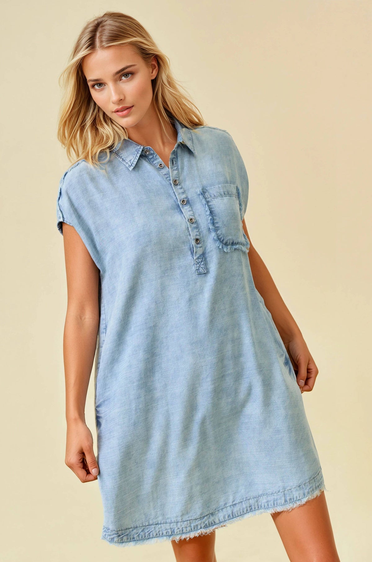TENCEL DENIM SHORT SLEEVE SHIRT MINI DRESS - 28294D