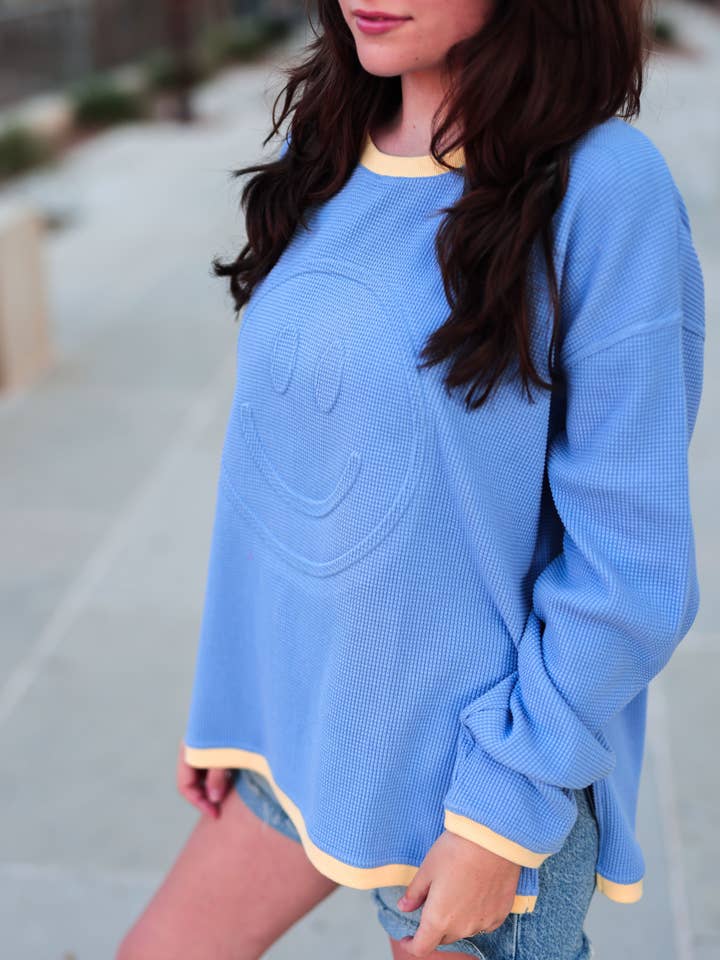 Graphic Pullover Waffle Embossed - Happy Days - Blue/Yellow