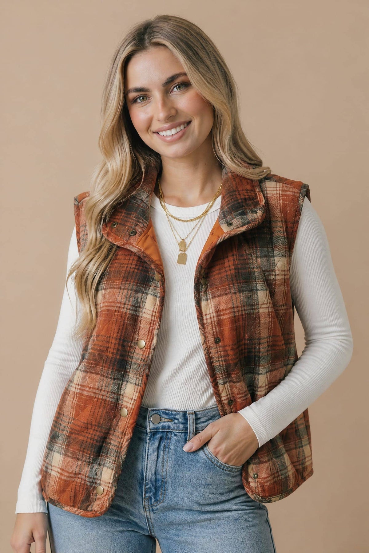 Plaid Quilted Snap Button Puffer Vest