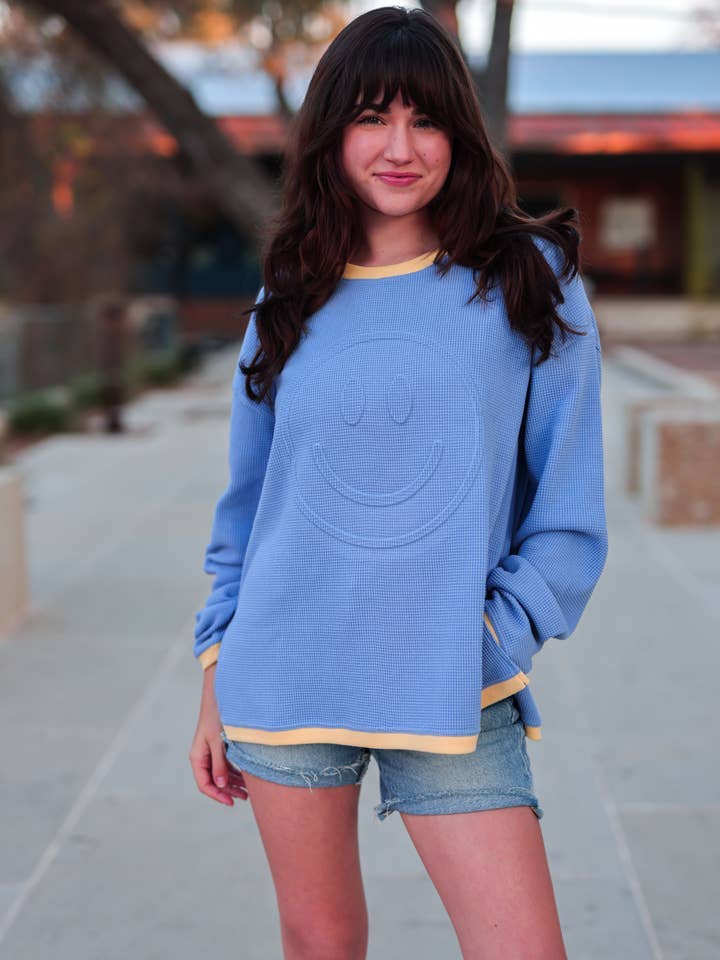 Graphic Pullover Waffle Embossed - Happy Days - Blue/Yellow