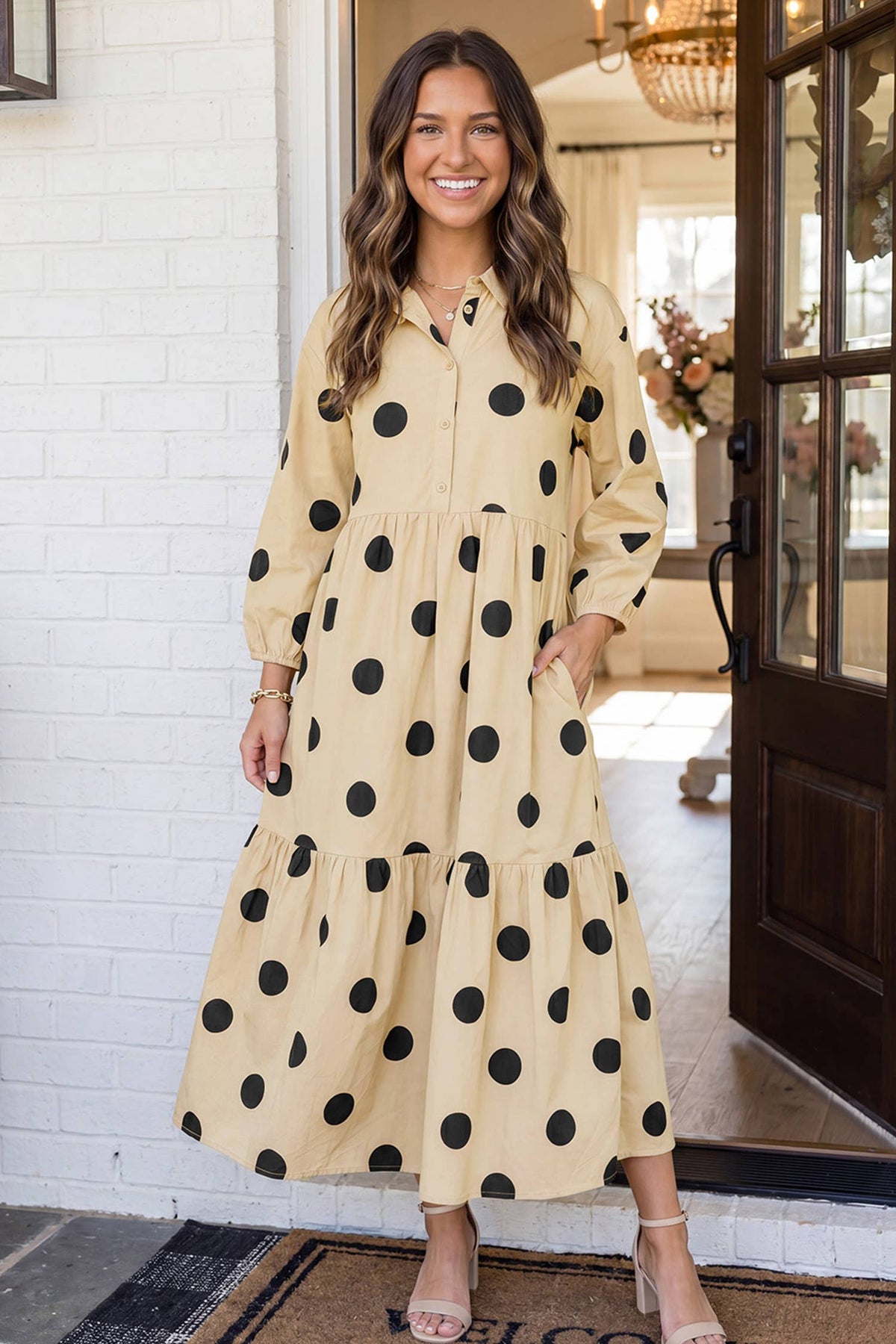 LAS Polka Dot Button Front Casual Shift Midi Dress (S-XL)