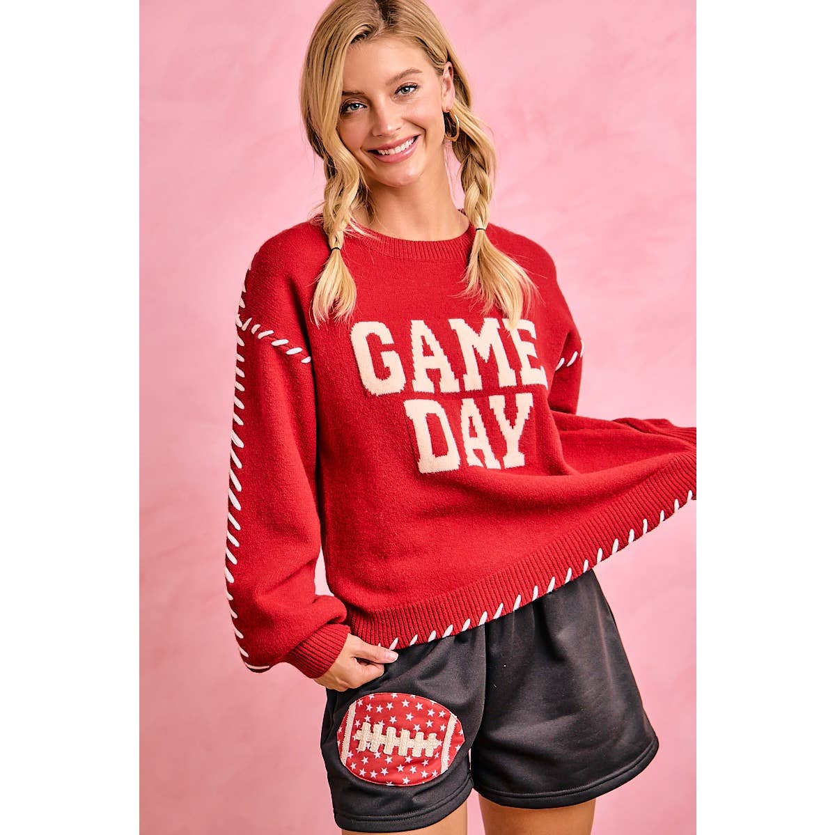 GAMEDAY THEME CONTRAST STITCH LONG SLEEVES KNIT TOP