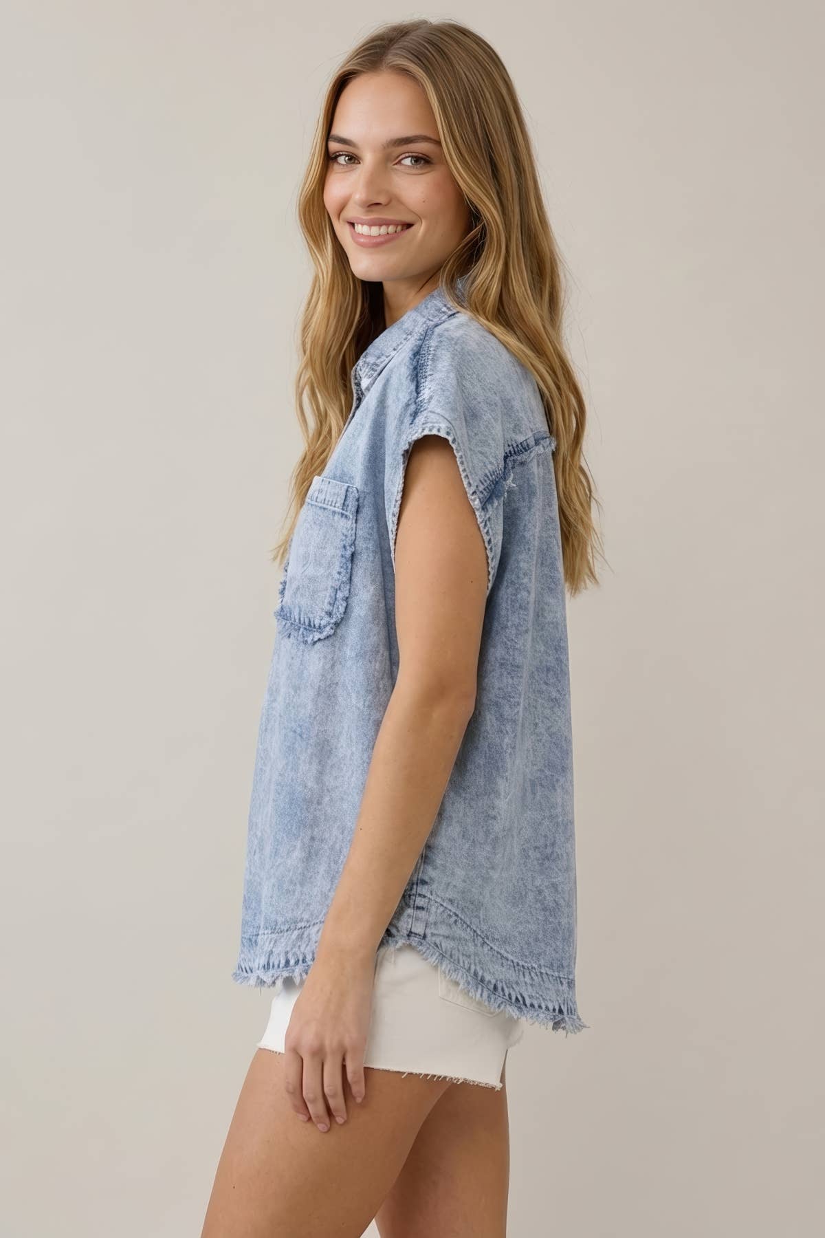 TENCEL DENIM FRAY DETAILED DOLMAN SHORT SLEEVE TOP - 44204T