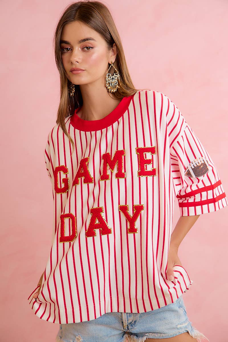 GAMEDAY THEME STRIPE KNIT TOP WITH SLEEVE PATCHED