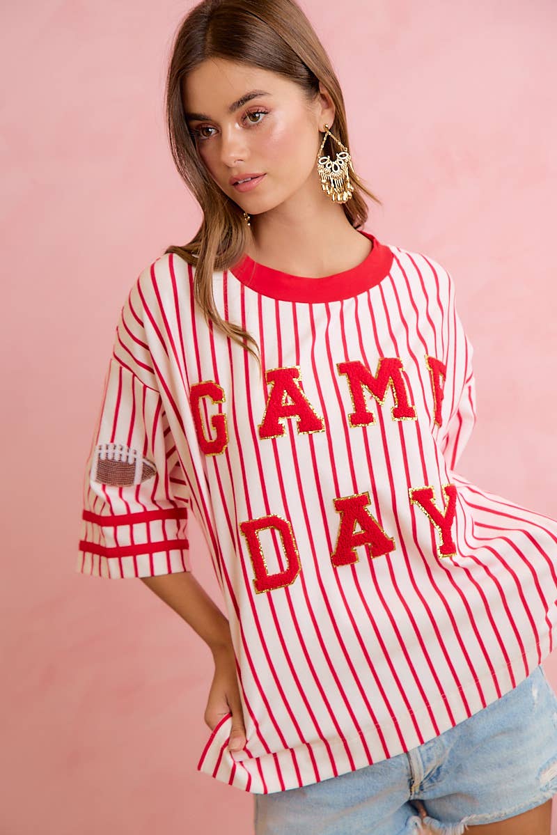 GAMEDAY THEME STRIPE KNIT TOP WITH SLEEVE PATCHED