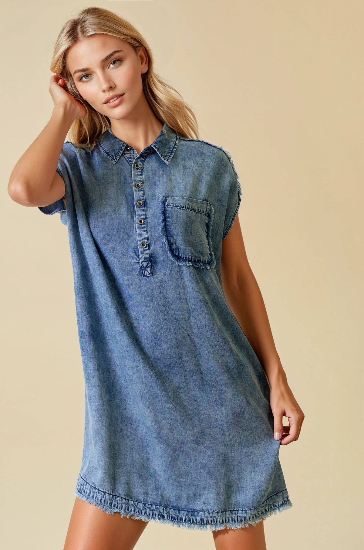 TENCEL DENIM SHORT SLEEVE SHIRT MINI DRESS - 28294D