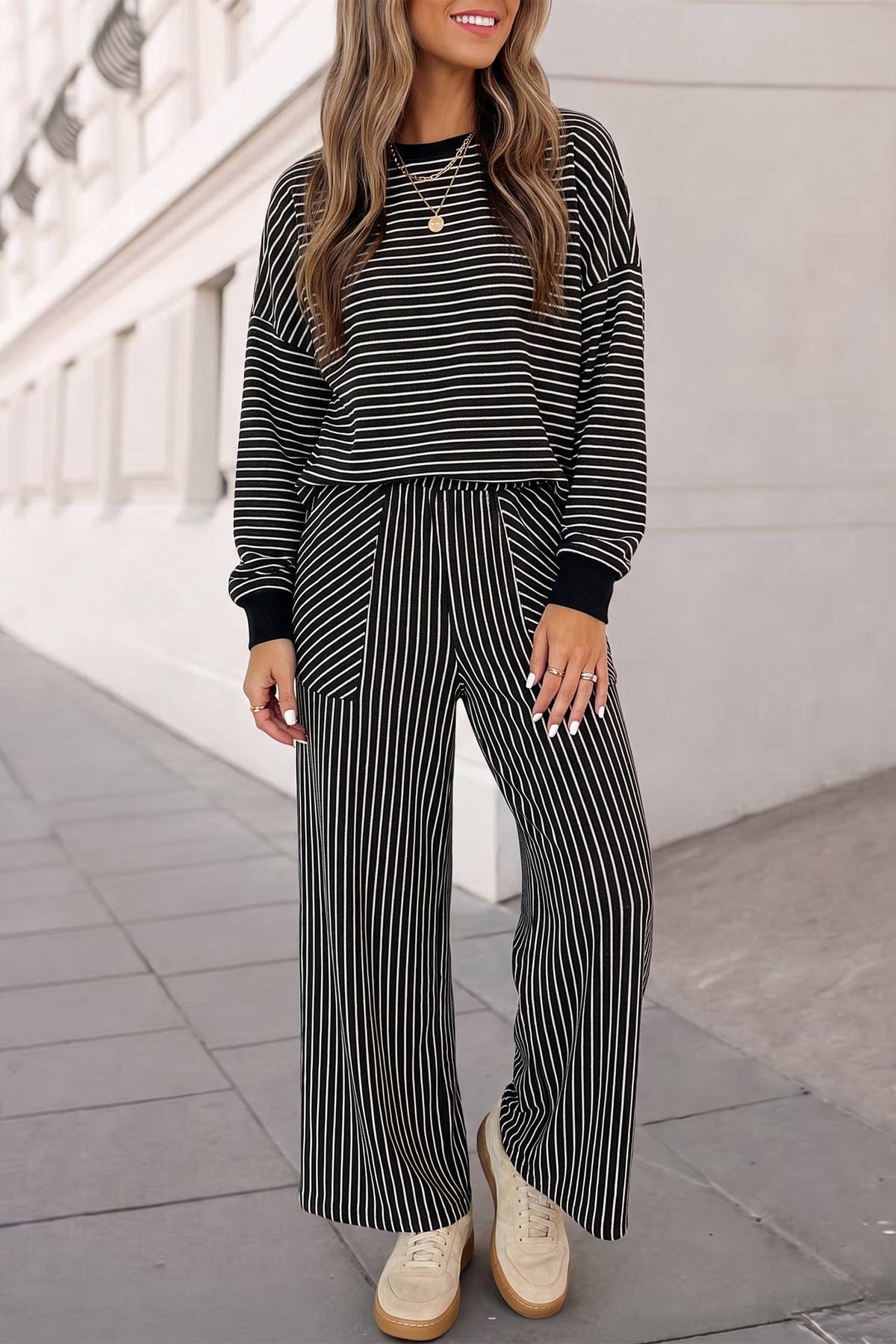Cozy Striped Print Crewneck 2pcs Pants Set | S-XL