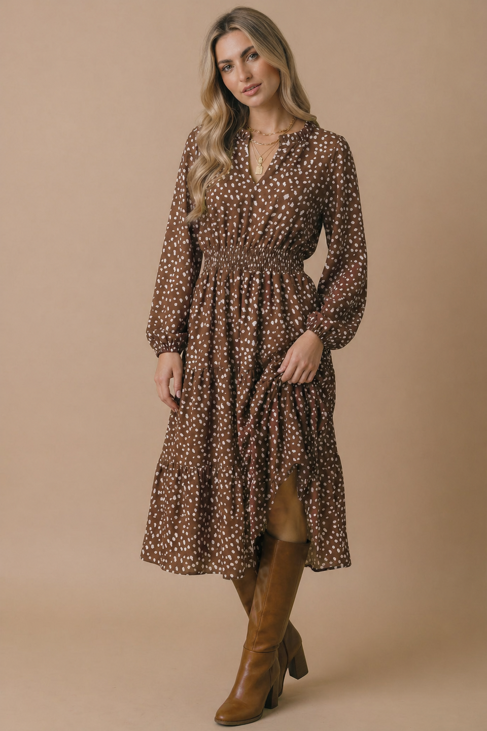 Bambi Print Smocked Waist Tiered Woven Dress
