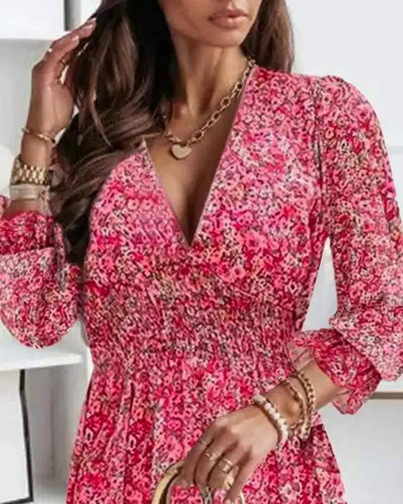 Sleeve ruffle hem shirred ditsy floral print dress