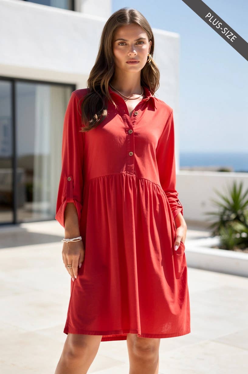 PLUS SIZE Collared Shirt Dress w/ Pockets