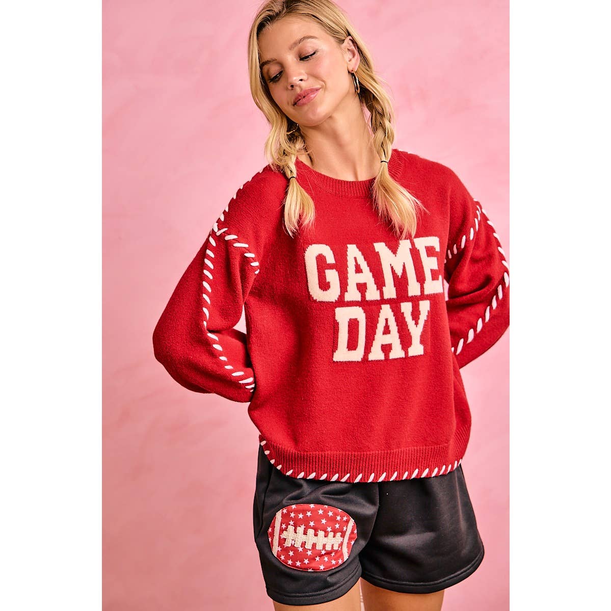 GAMEDAY THEME CONTRAST STITCH LONG SLEEVES KNIT TOP