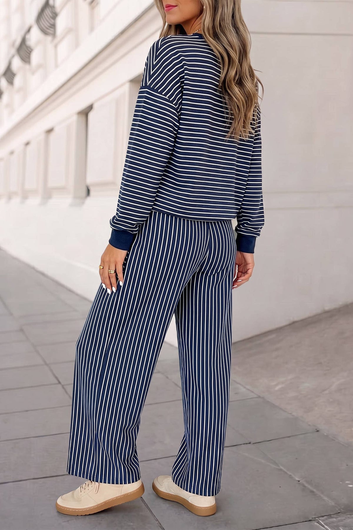 Cozy Striped Print Crewneck 2pcs Pants Set | S-XL