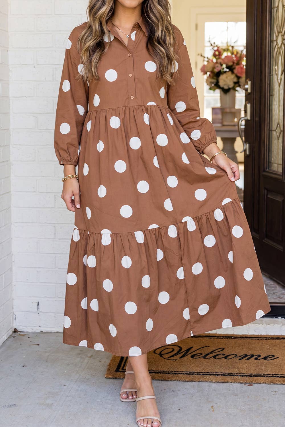 LAS Polka Dot Button Front Casual Shift Midi Dress (S-XL)