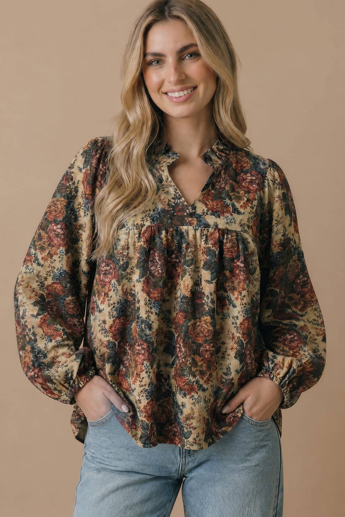 Plus Vintage Floral Bubble Sleeve Woven Blouse