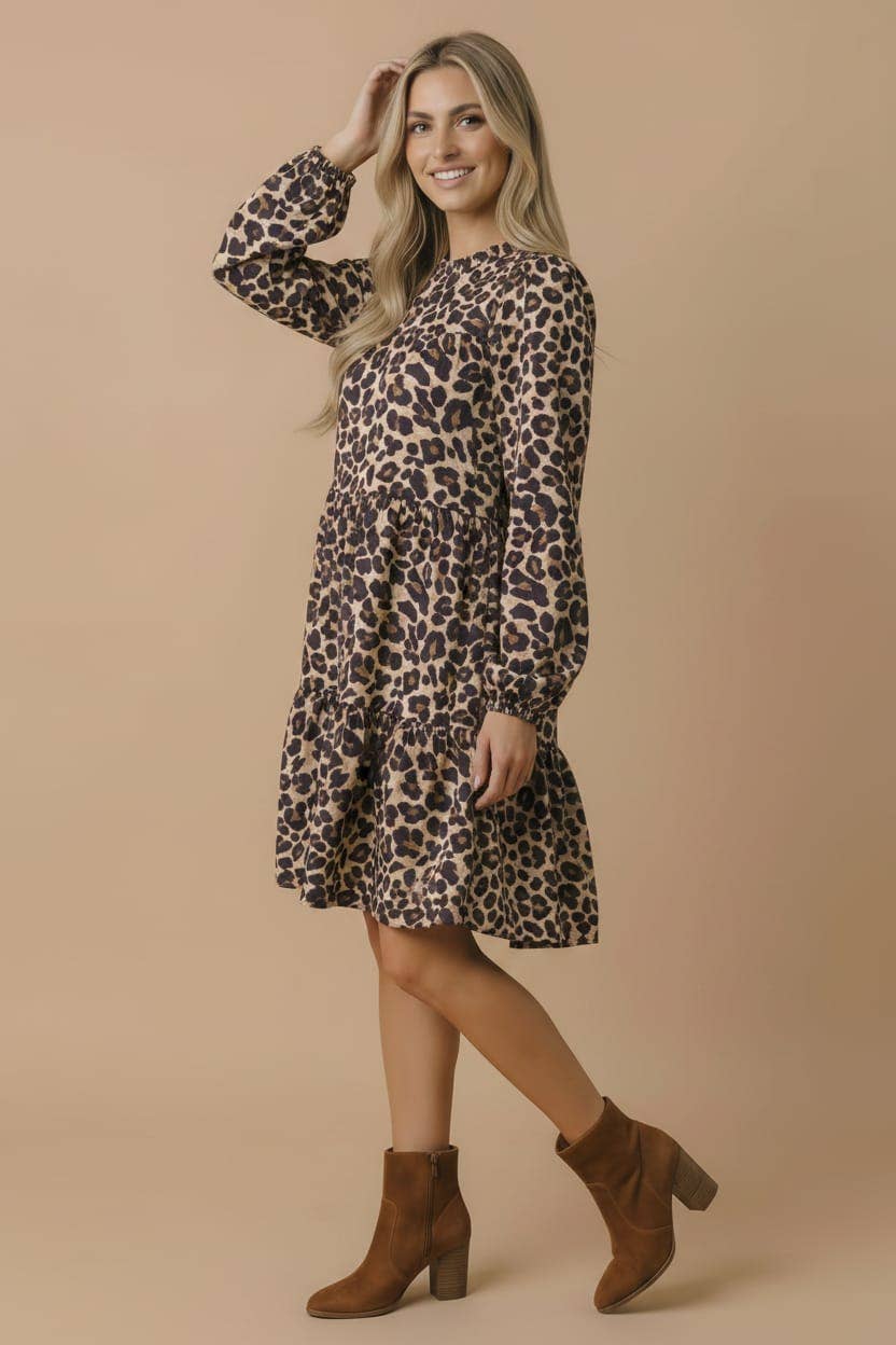 Leopard Tiered Woven Dress With Pockets