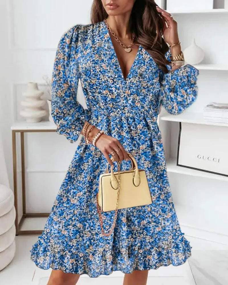 Sleeve ruffle hem shirred ditsy floral print dress