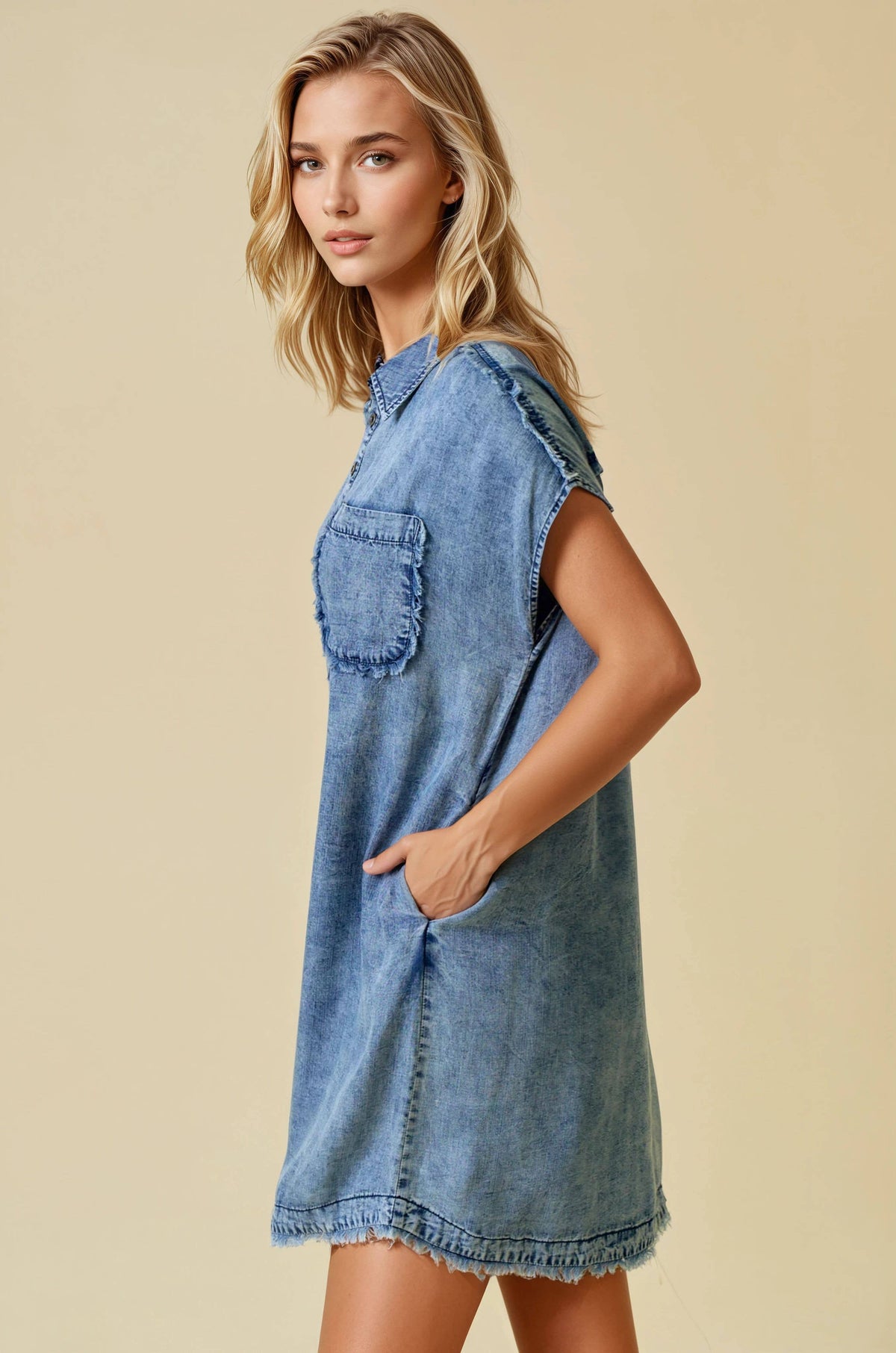 TENCEL DENIM SHORT SLEEVE SHIRT MINI DRESS - 28294D