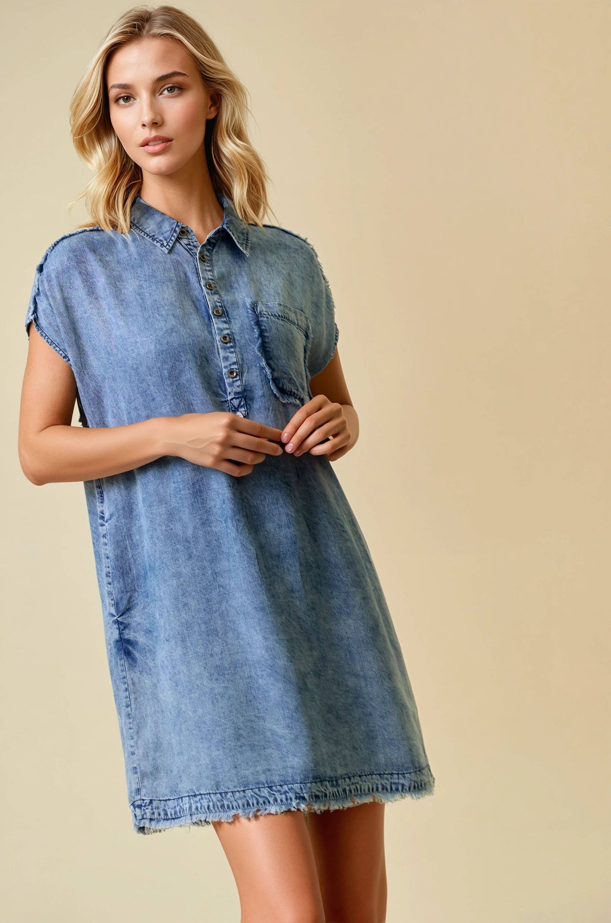 TENCEL DENIM SHORT SLEEVE SHIRT MINI DRESS - 28294D