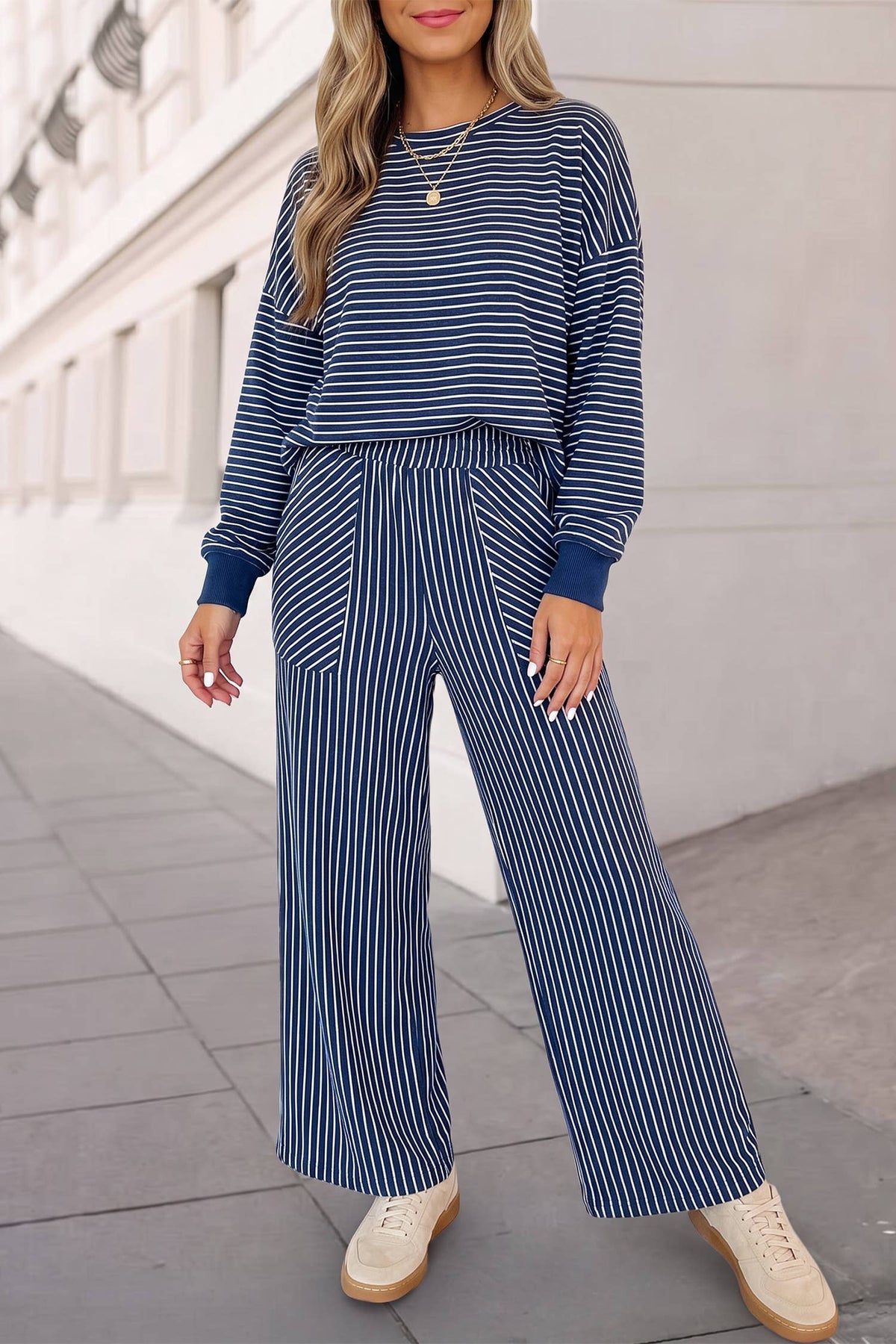Cozy Striped Print Crewneck 2pcs Pants Set | S-XL