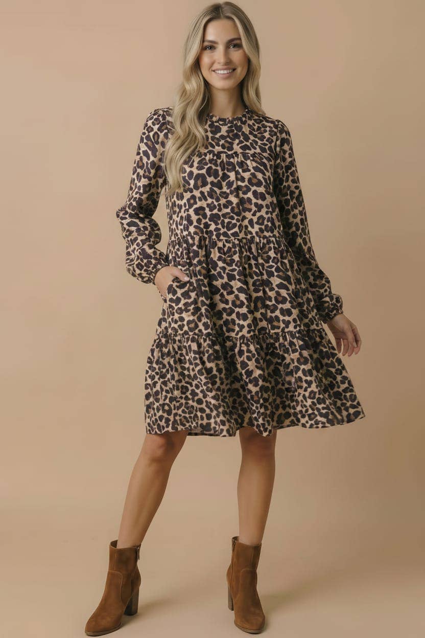 Leopard Tiered Woven Dress With Pockets