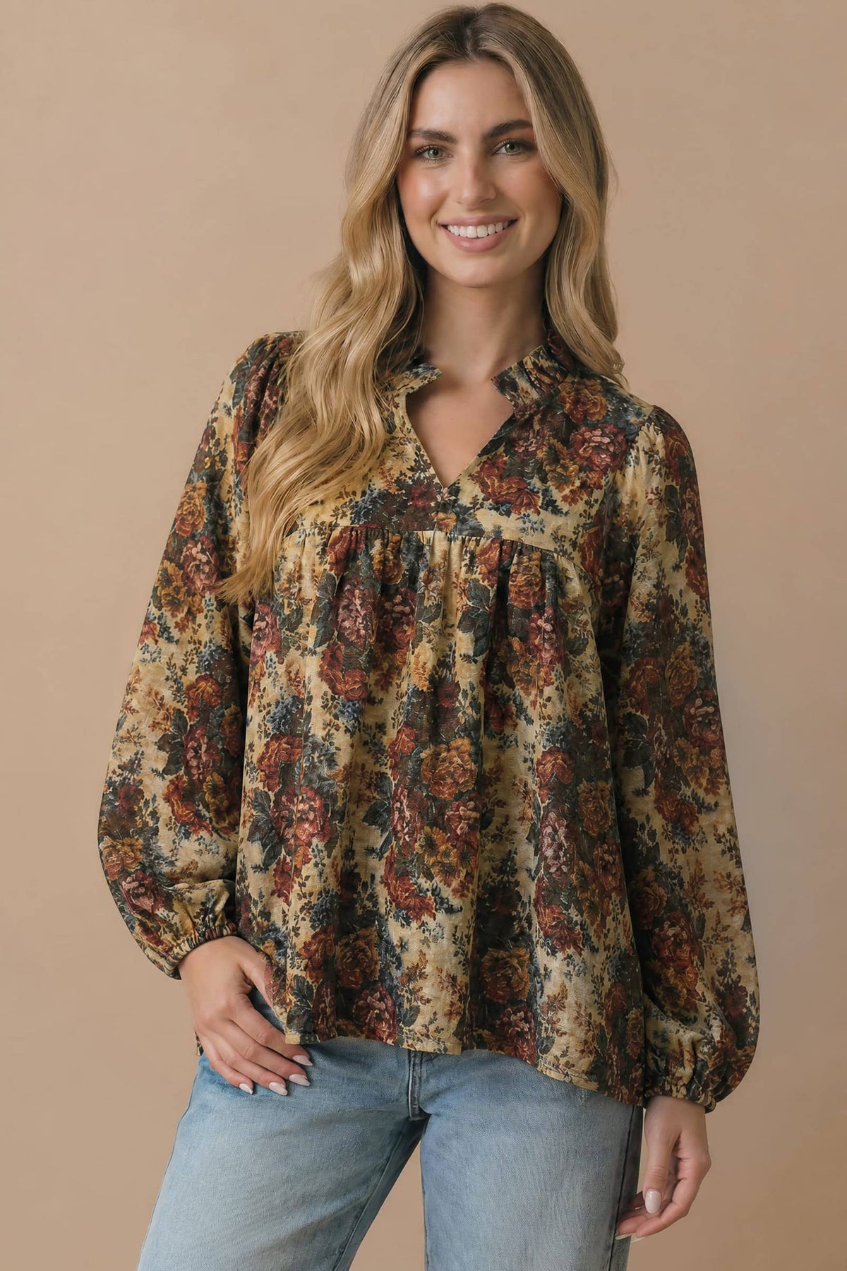 Plus Vintage Floral Bubble Sleeve Woven Blouse