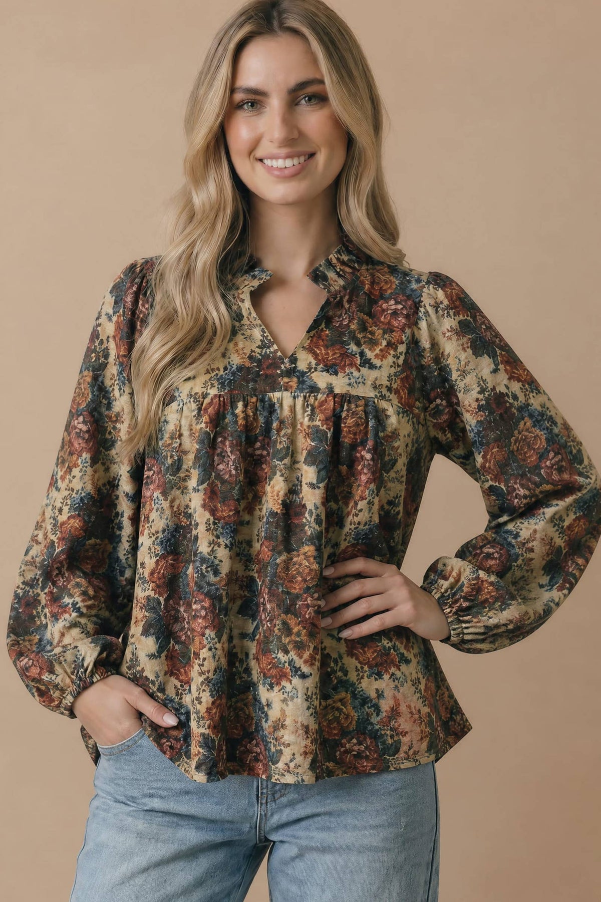 Plus Vintage Floral Bubble Sleeve Woven Blouse