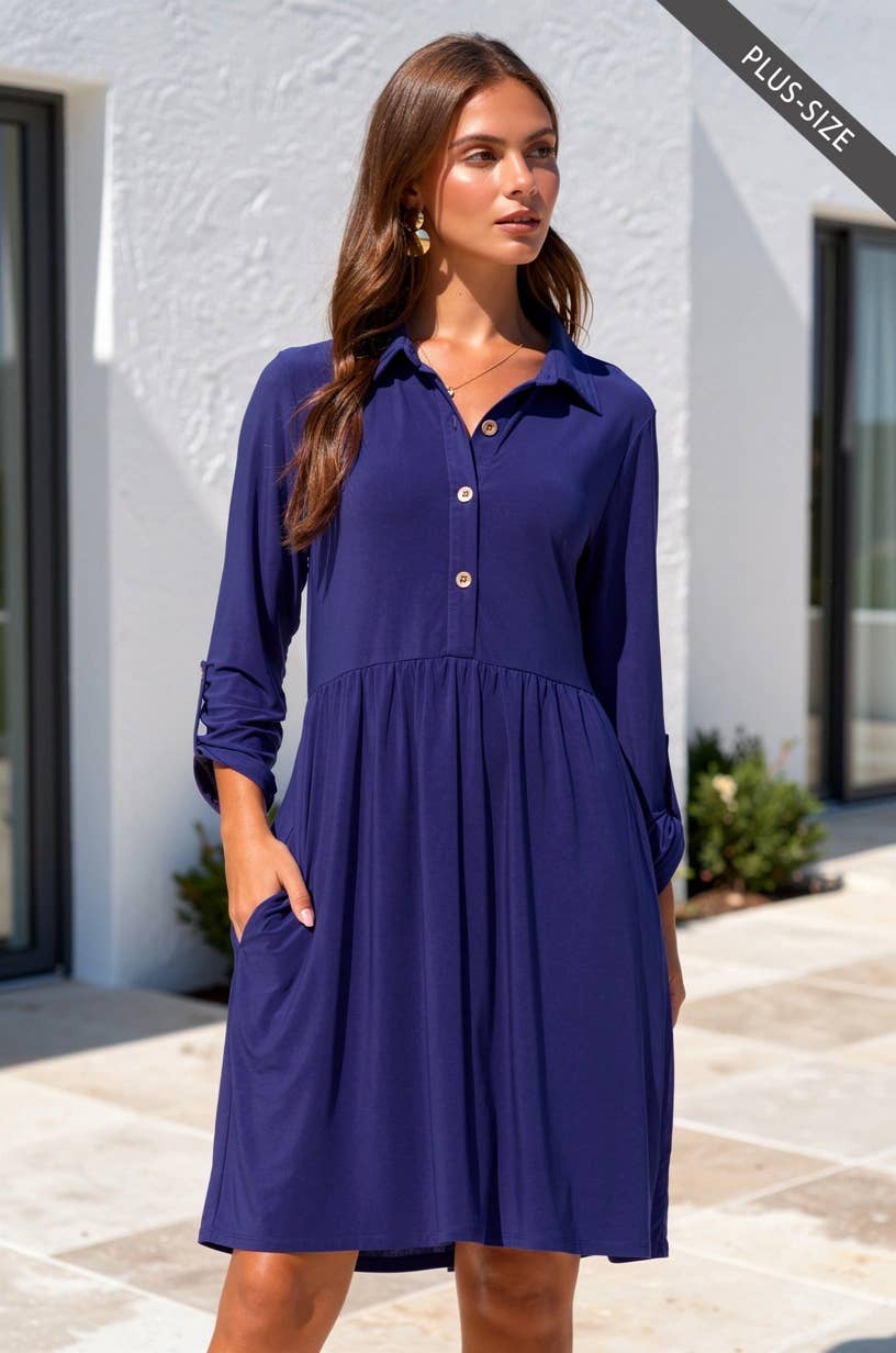 PLUS SIZE Collared Shirt Dress w/ Pockets