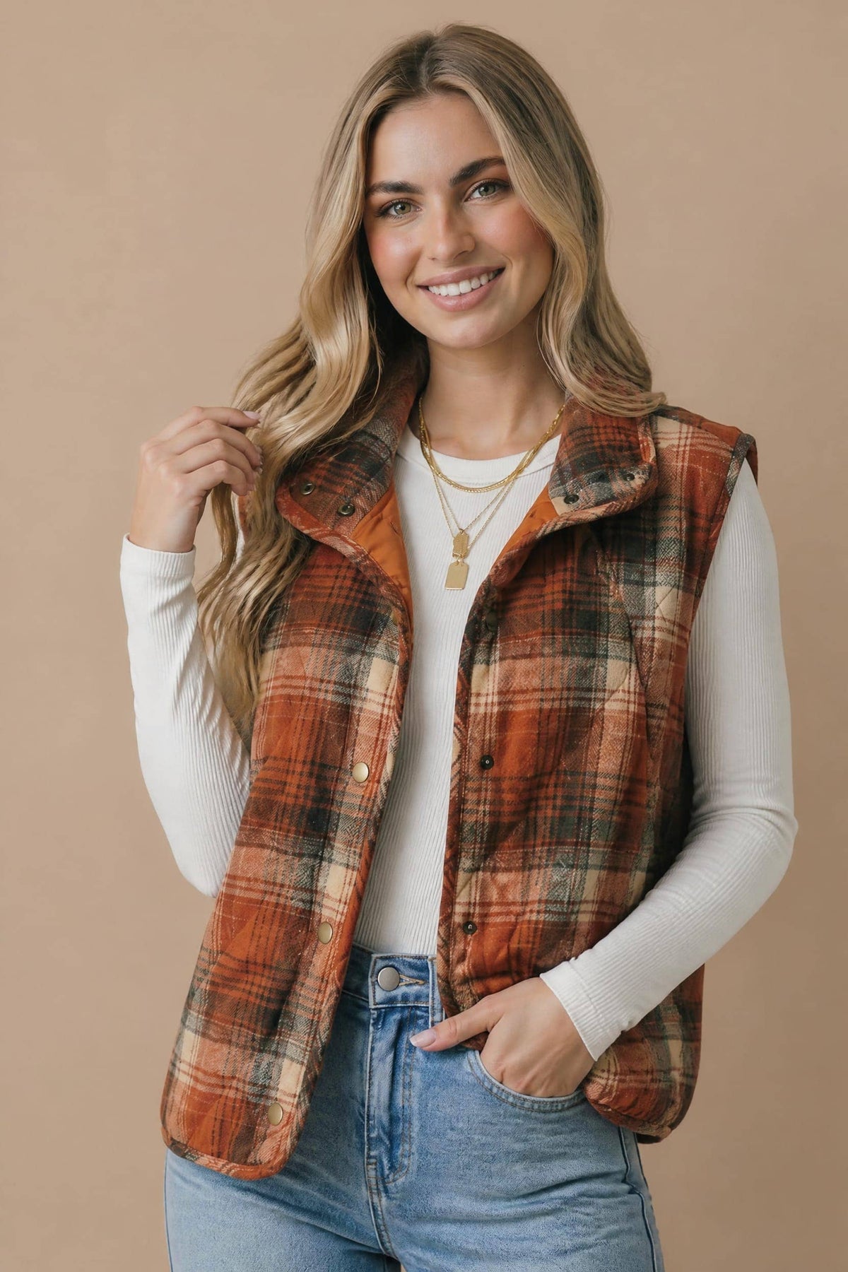 Plaid Quilted Snap Button Puffer Vest