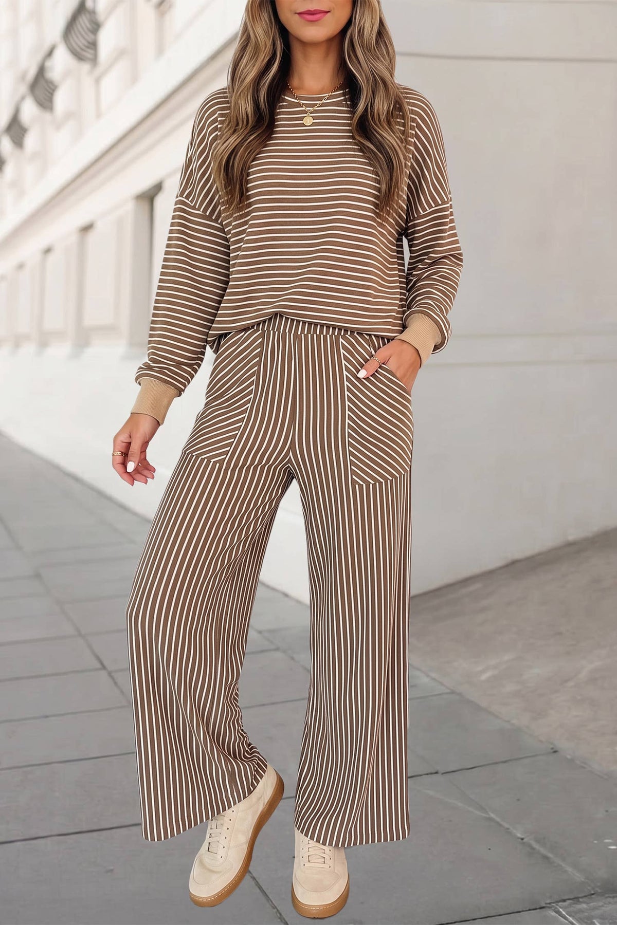 Cozy Striped Print Crewneck 2pcs Pants Set | S-XL