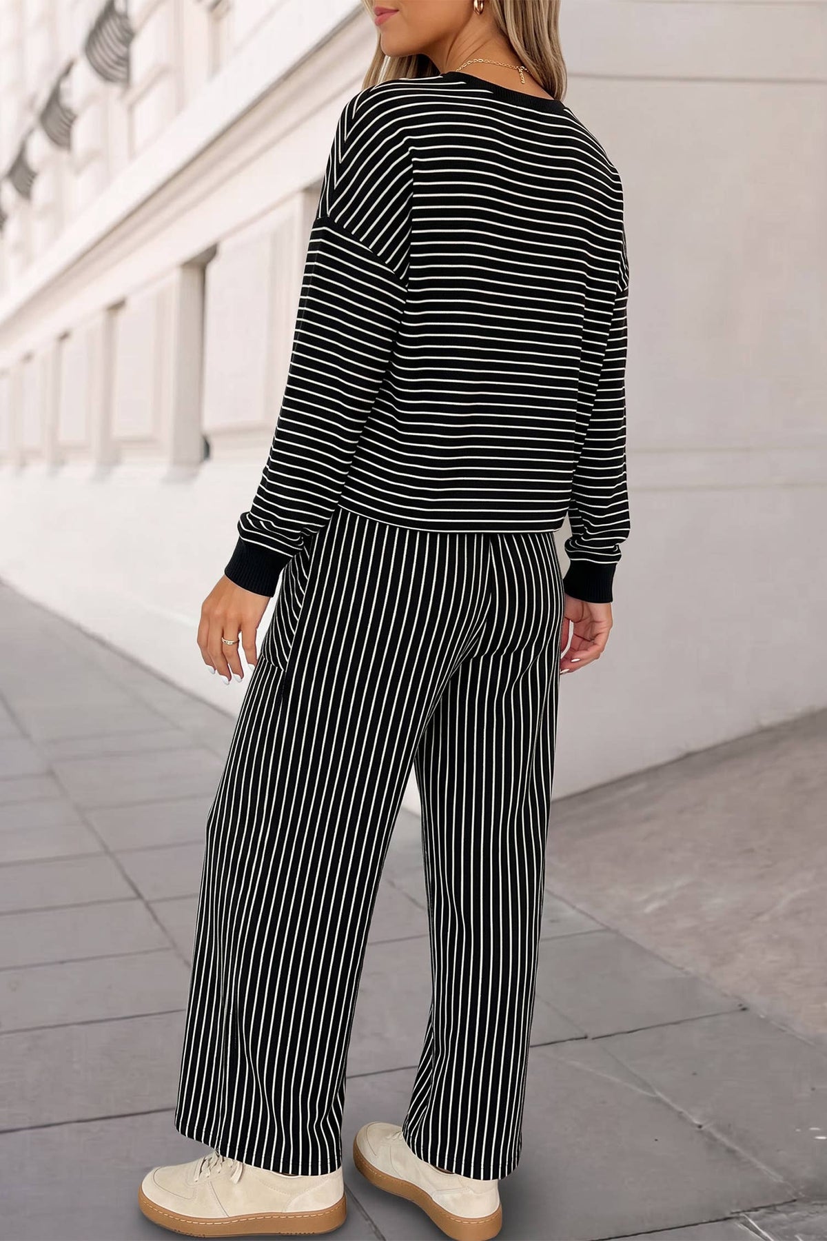 Cozy Striped Print Crewneck 2pcs Pants Set | S-XL