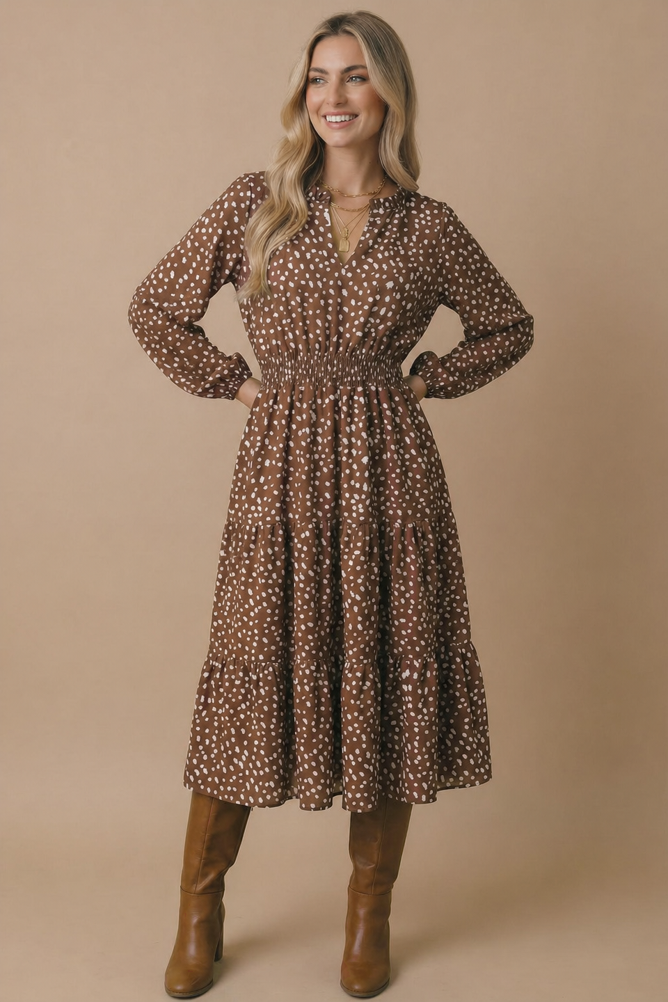 Bambi Print Smocked Waist Tiered Woven Dress